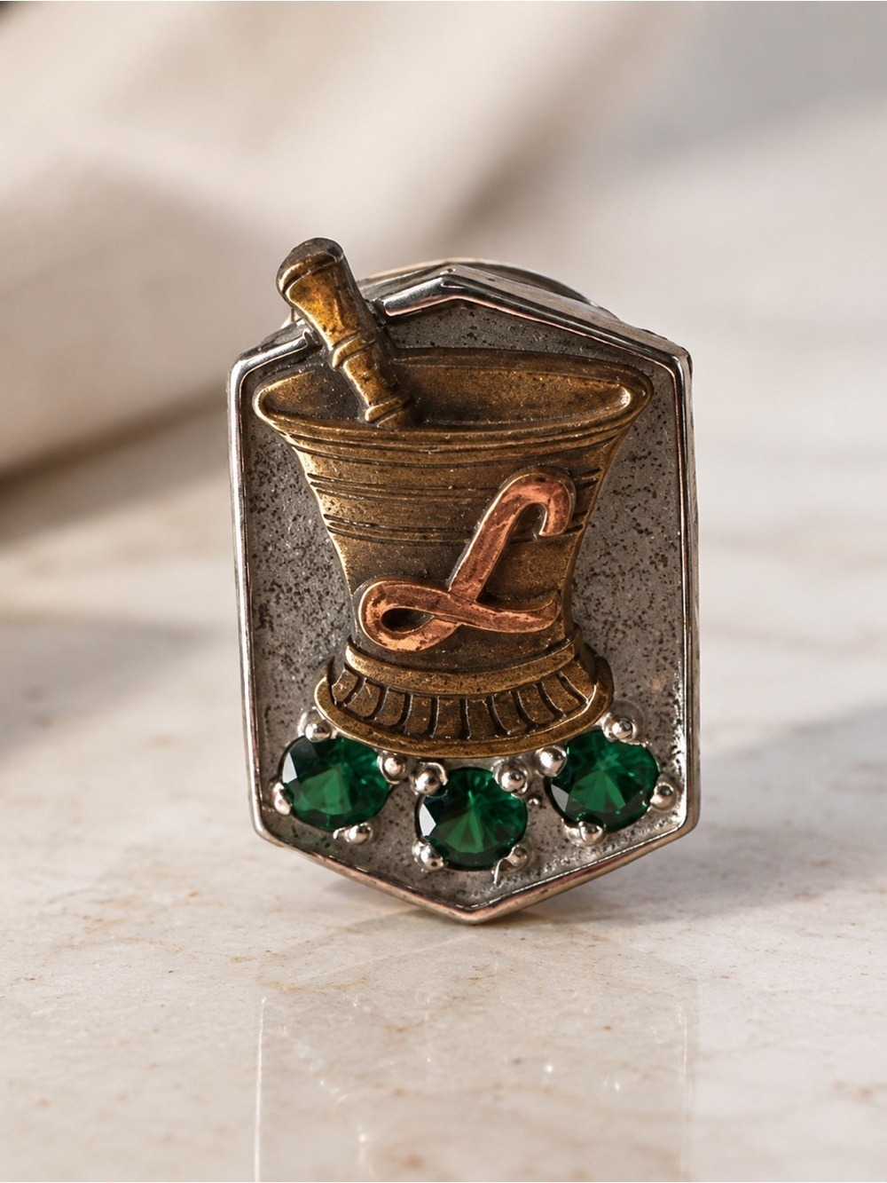 Vintage Pharmacy Mortar & Pestle Lapel Pin • Genuine Emeralds • Screw Back